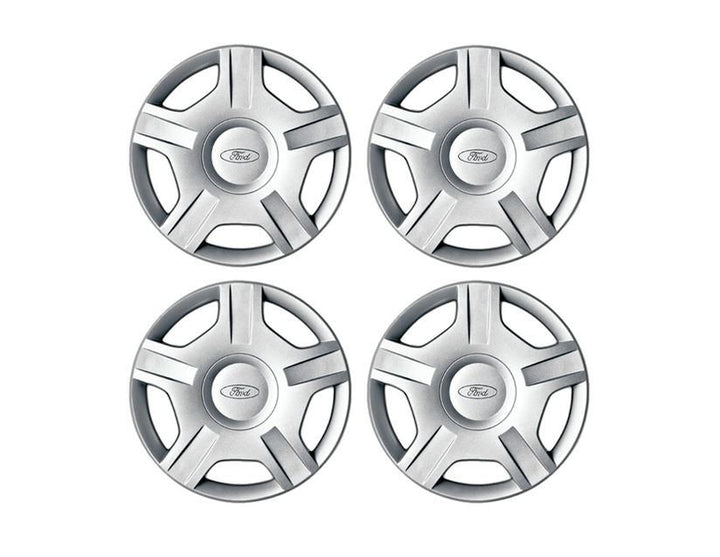 SET OF 4 WHEEL COVER TRIMS, SILVER, 5 SPOKE DESIGN, FITS 14