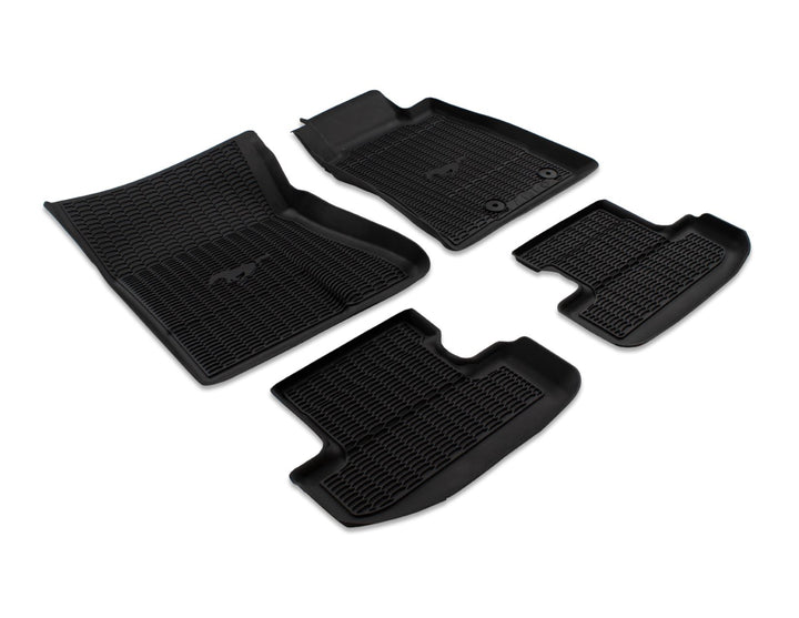 MUSTANG FRONT & REAR RUBBER FLOOR MATS, BLACK WITH LOGO, 2015 - 2018