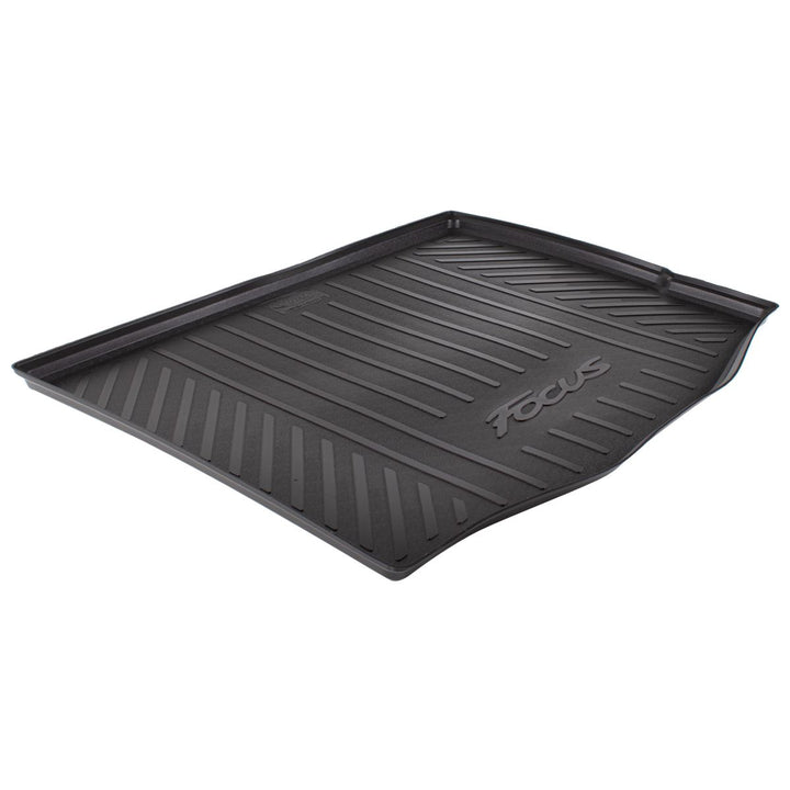 FOCUS 5 DOORS HATCHBACK WITH SPARE WHEEL, REAR RUBBER BOOT LINER, BLACK WITH FOCUS LOGO, 2011 - 2018
