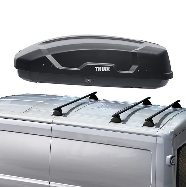 TRANSIT VAN ROOF BASE CARRIER & THULE ROOF BOX FORCE XT M MATT BLACK