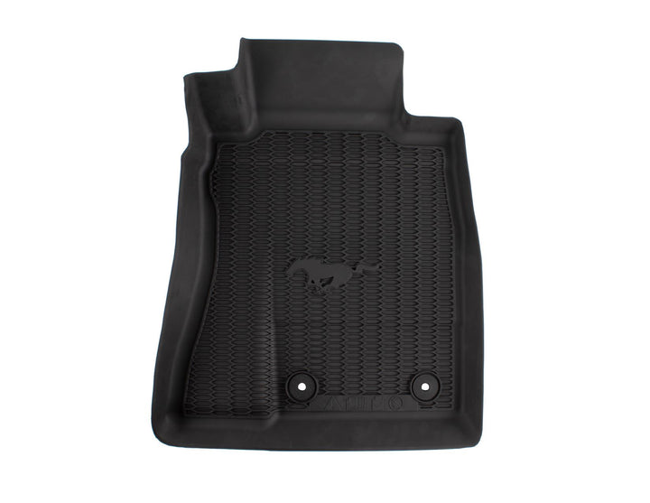 MUSTANG FRONT & REAR RUBBER FLOOR MATS, BLACK WITH LOGO, 2015 - 2018