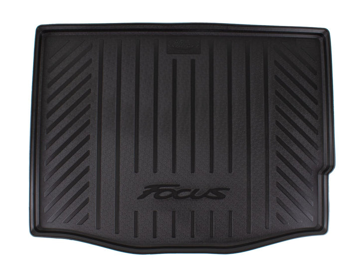 FOCUS 5 DOORS HATCHBACK WITH SPARE WHEEL, REAR RUBBER BOOT LINER, BLACK WITH FOCUS LOGO, 2011 - 2018